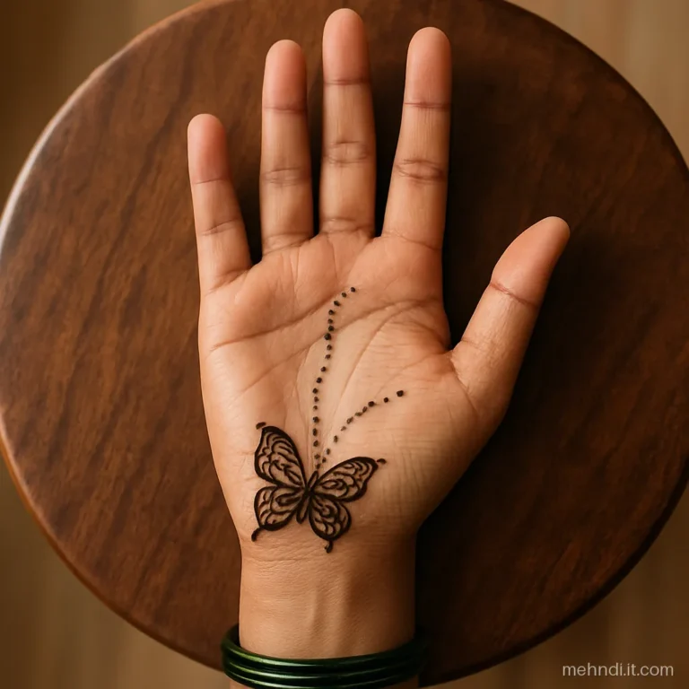 Small butterfly drawn at the wrist with two dotted lines flying toward the palm