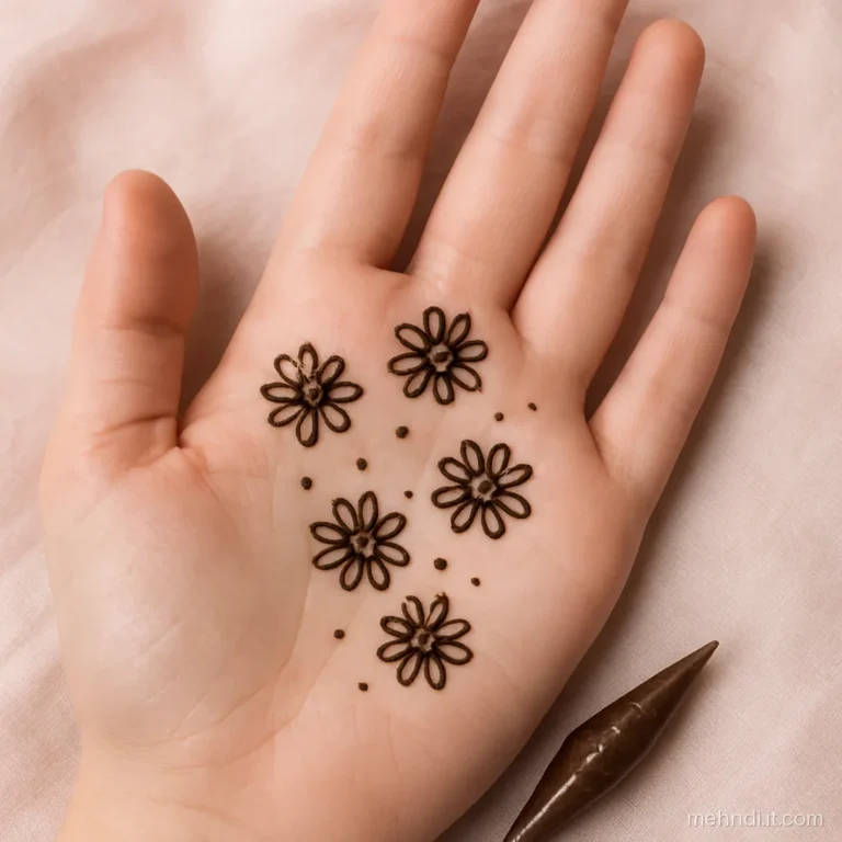 Palm with five tiny daisy flowers scattered loosely and dots between them