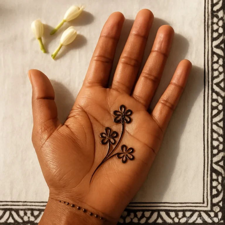 Diagonal line of three small flowers joined by thin stems, leading to the ring finger