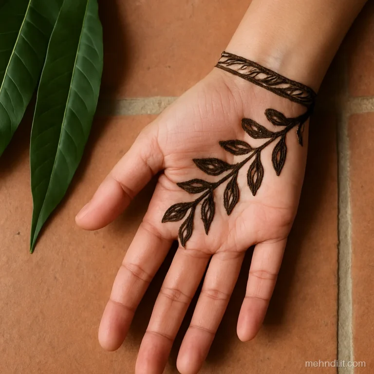 Leafy band wrapping the wrist and sweeping diagonally to the little finger