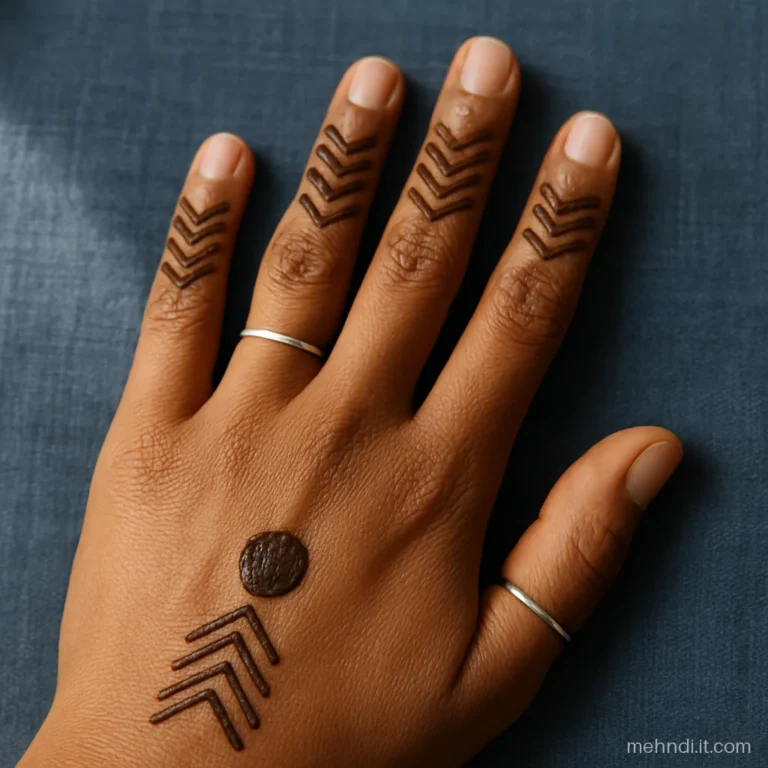 Fingers decorated with stacked chevron stripes and a plain palm with one dot