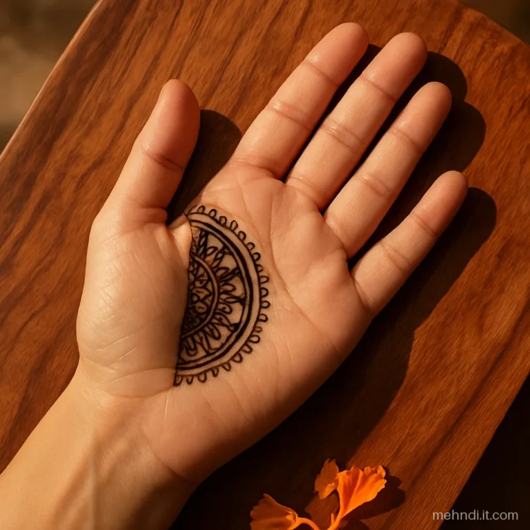 Palm corner near the thumb with a quarter mandala made of thin arcs and dots