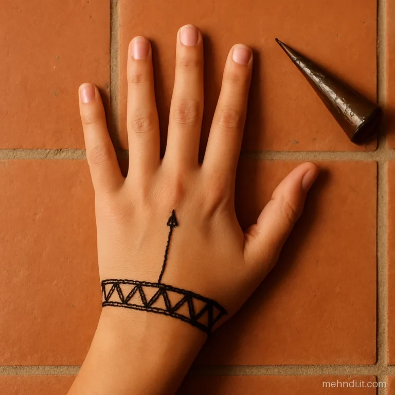 Wrist band of linked triangles with a thin chain line going to the middle finger