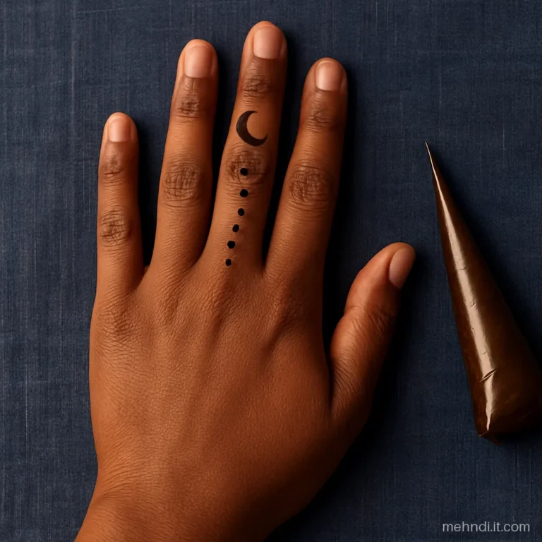 Index finger decorated with a small crescent chand and a falling line of dots