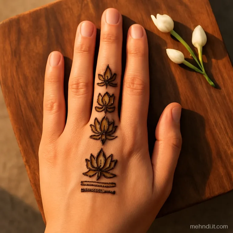 Middle finger with three stacked mini kamal flowers separated by thin double lines