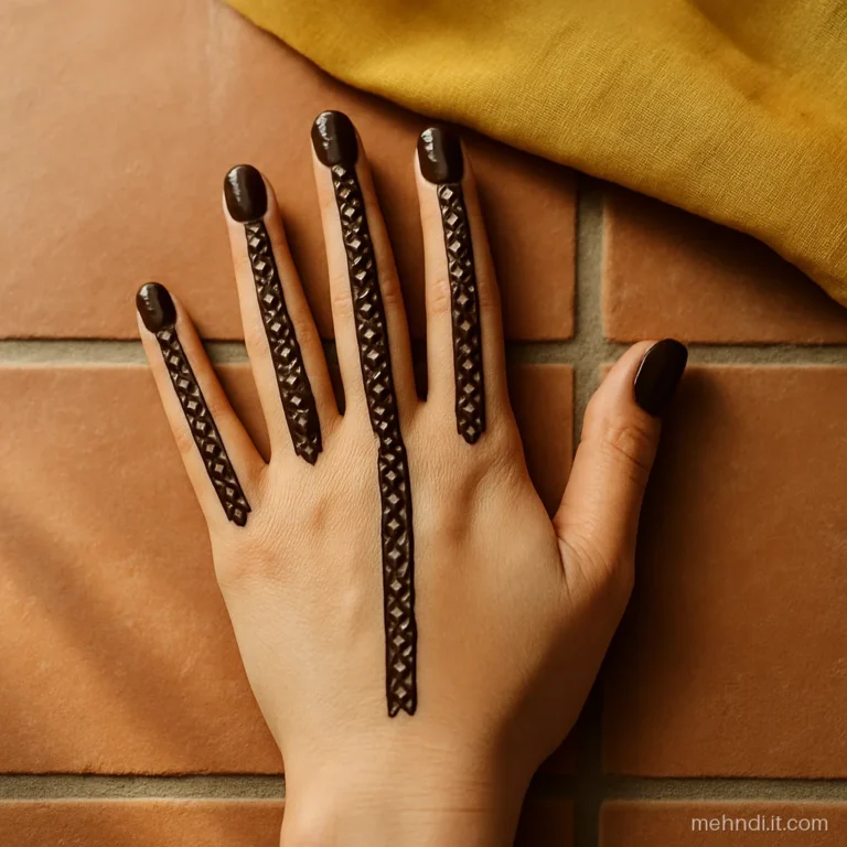 Fingers covered in filled strips with small bare diamond shapes running down them