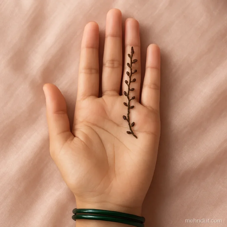 Ring finger with a thin henna vine climbing from the base knuckle to the nail, rest of palm bare