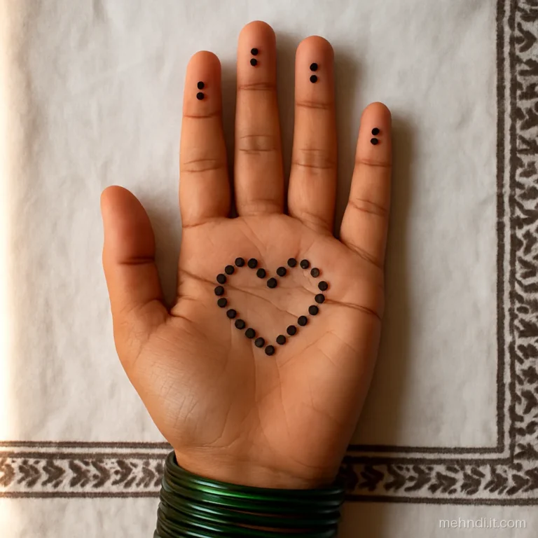 Palm centre with a small heart shape formed entirely from neat henna dots