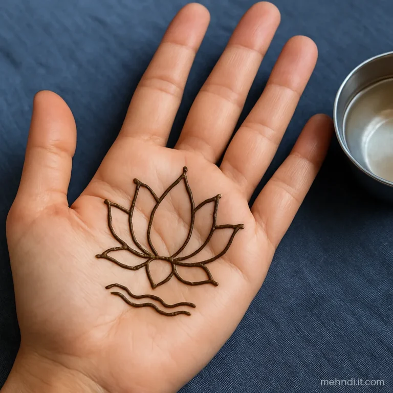 Palm with an outlined open lotus kamal flower and tiny dots around each petal tip