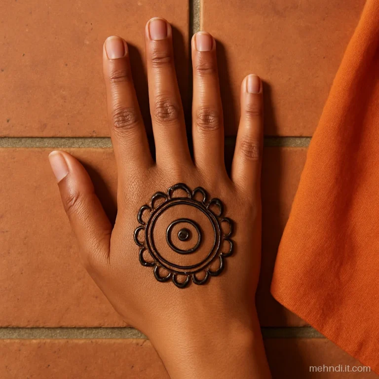 Palm centre with a fine-line gol tikki made of three thin rings and petal edge