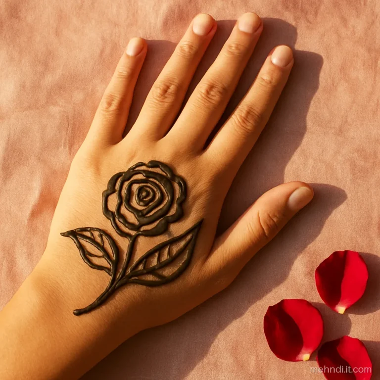 Open palm with one rose bud and two long leaves drawn in thin outline
