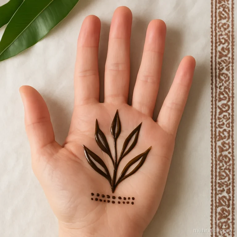 Little finger with a trail of five slim negative-space leaves and a dotted base band