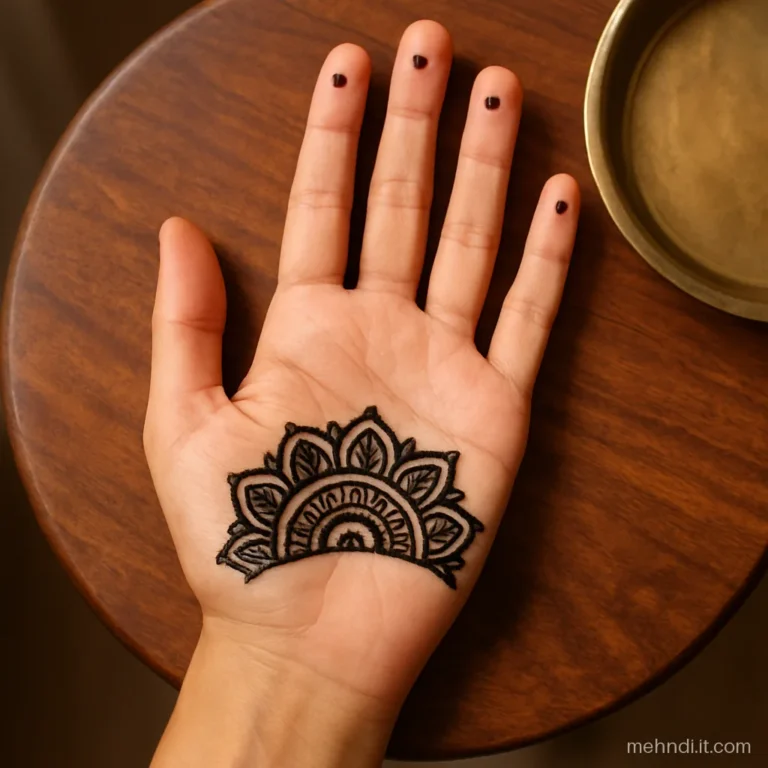 Half mandala sitting on the outer edge of the palm with petals facing inward