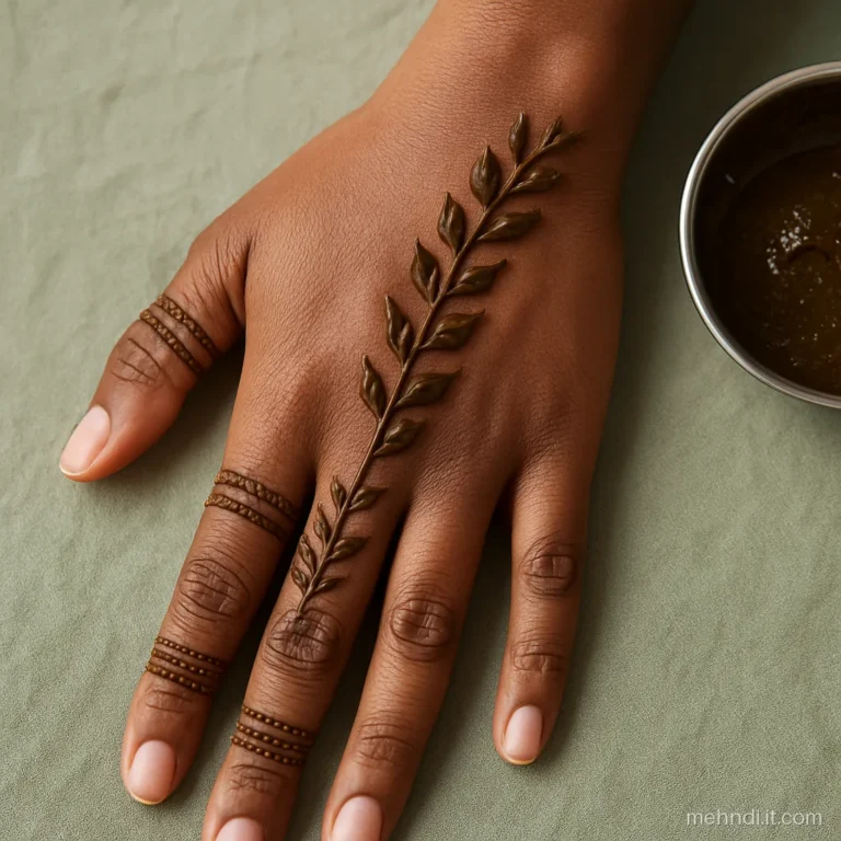Checkered bands on each finger joined to a diagonal leaf trail