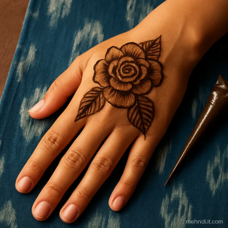 Large three-layer shaded rose over the knuckles with leaves to the wrist