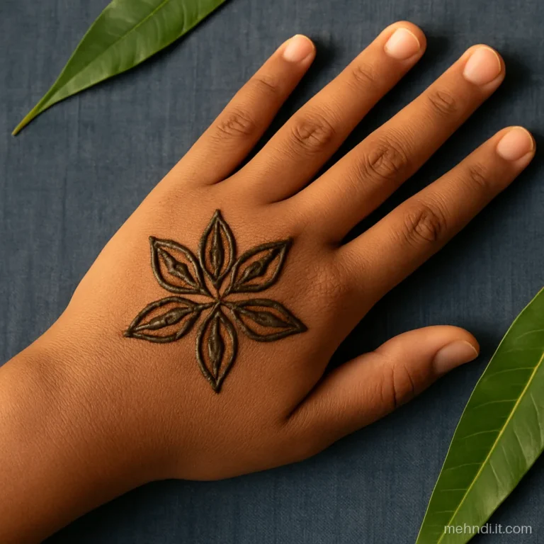Five broad double outline leaves fanning from the centre of a back hand