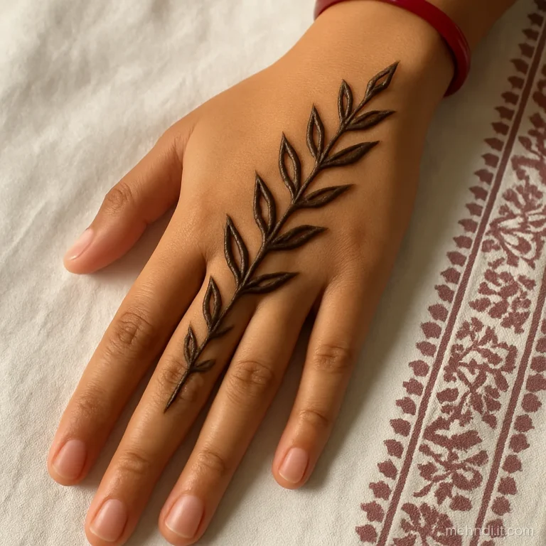 Diagonal ladder of paired pointed leaves on the back of a girl's hand