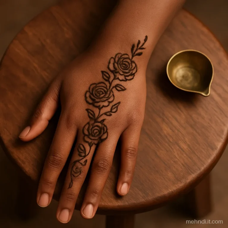 Back of a woman's hand with one diagonal trail of three shaded roses