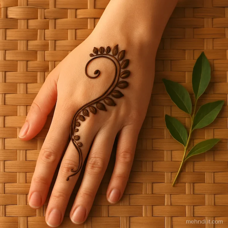 Curving henna trail from thumb nail across the hand ending in a spiral
