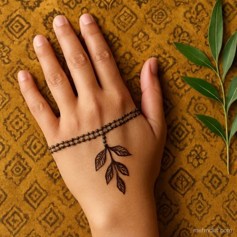 Dot chain bracelet with three shaded leaves dropping onto a back hand