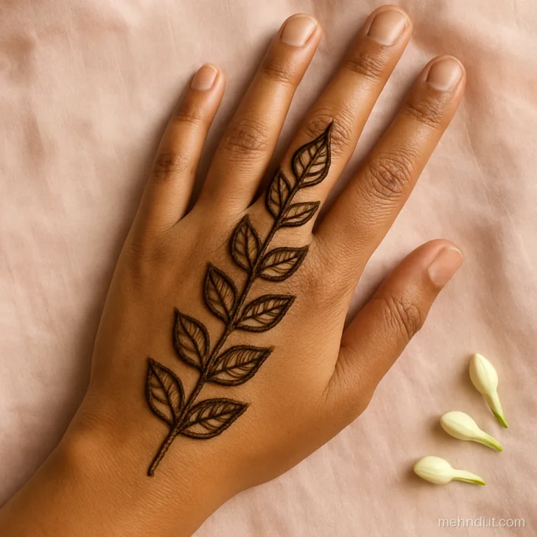 Ladder of bold outlined leaves climbing from wrist to middle finger