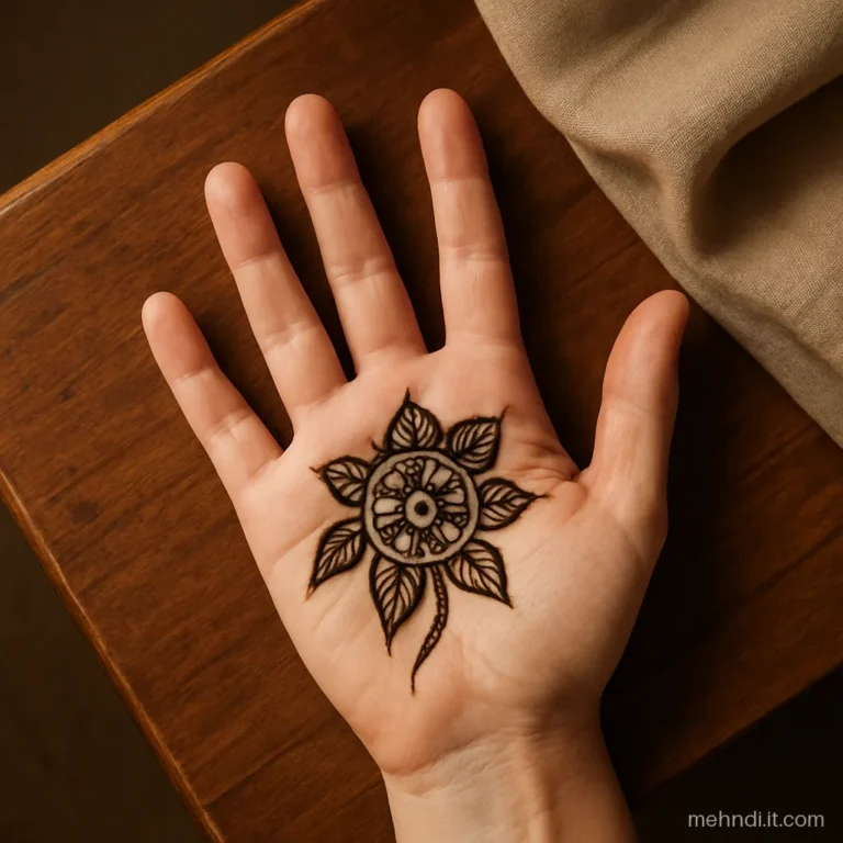 Small round mandala in palm centre with shaded leaf trail outward