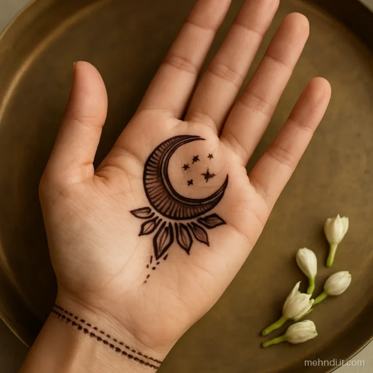 Palm with shaded crescent chand motif and petals flowing to wrist