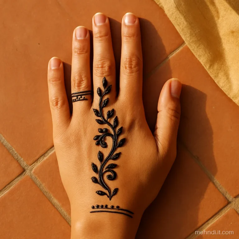 Curved Arabic trail across the palm with thin bands on three fingers