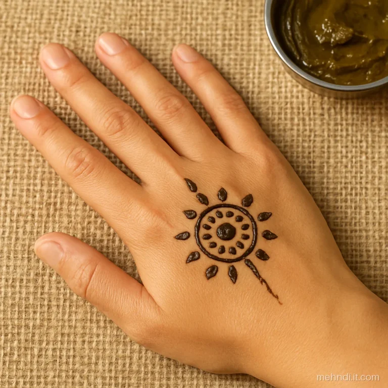 Dotted mandala surrounded by a ring of Arabic leaves on the palm