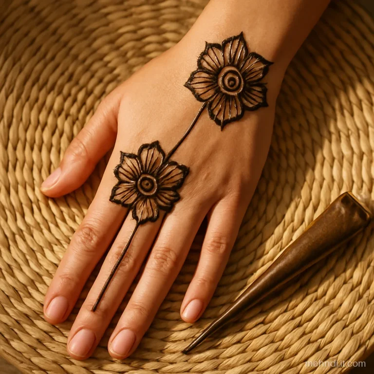 Two heavy Dubai flowers on opposite corners of an otherwise bare palm