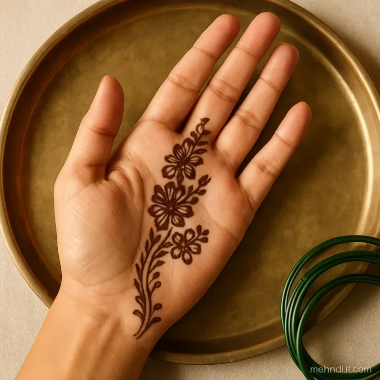 Shaded petal trails running down three fingers onto the upper palm