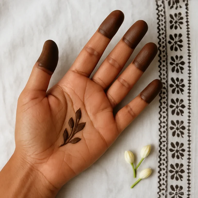Five fully filled fingertip caps with a light Arabic trail on palm