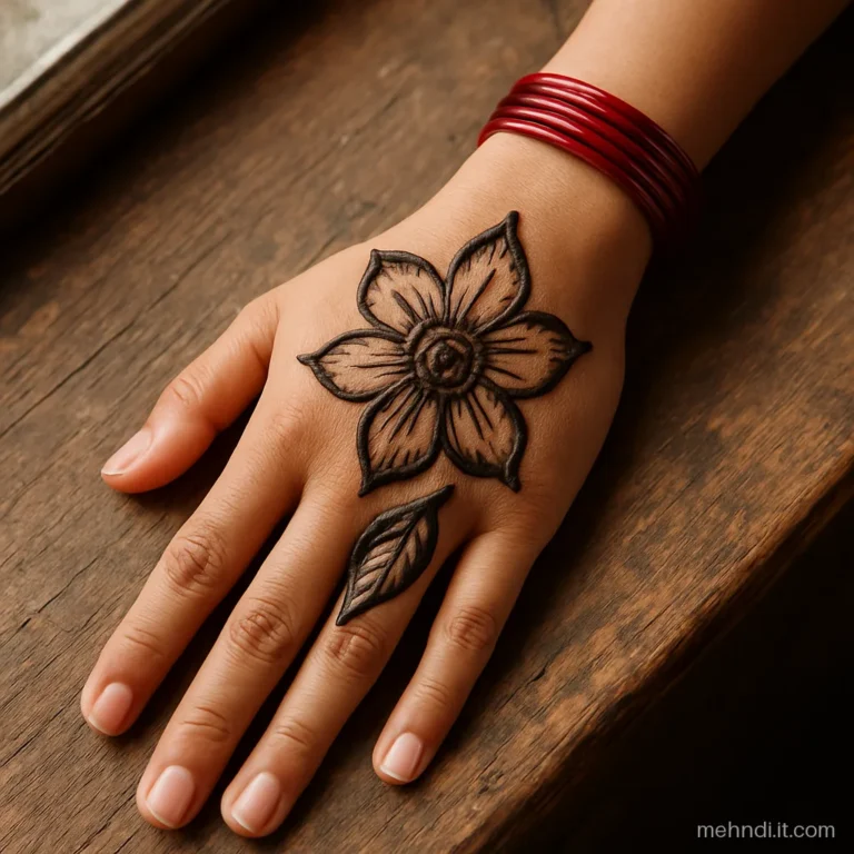 Fan of wide open petals with heavy outlines across the upper palm