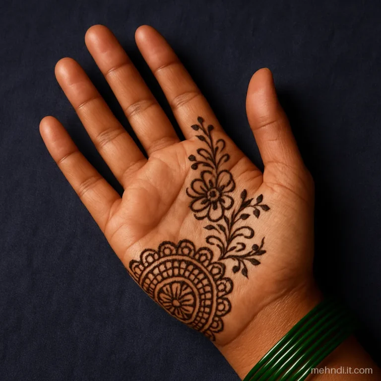 Half mandala at palm edge with Arabic flowers flowing to fingers