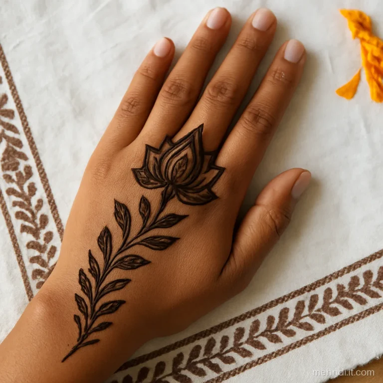 Palm with a shaded kamal flower and leafy Arabic trail toward the wrist