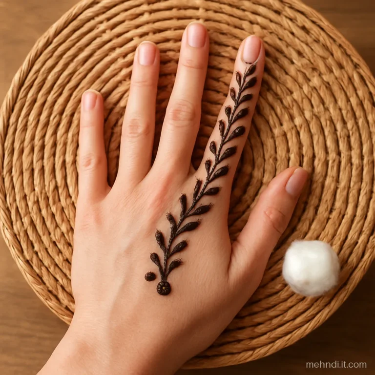 Matching Arabic vines on index finger and thumb with bare palm centre