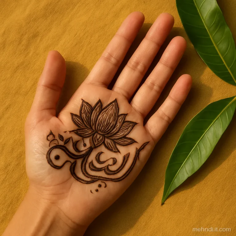 Lotus mandala with shaded petals joined to an Arabic bel on palm