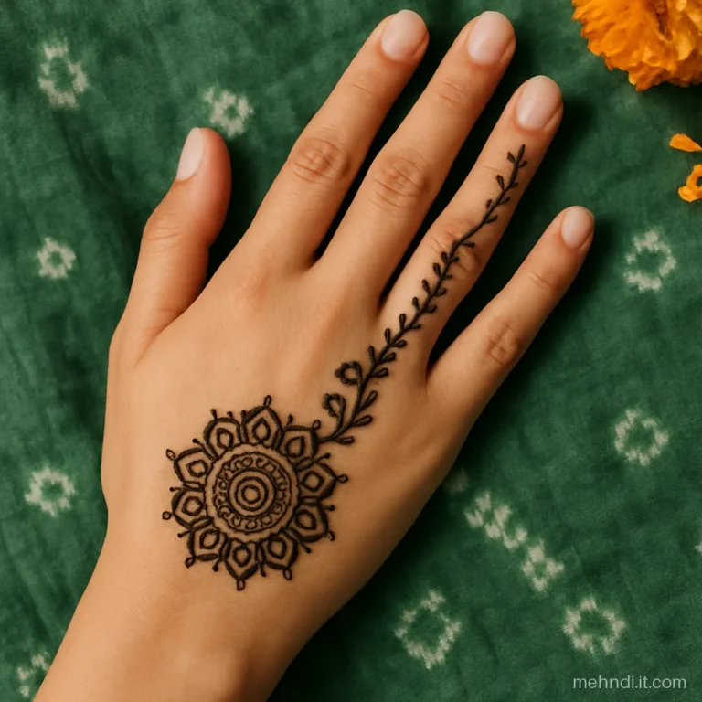 Mandala at the wrist base with an Arabic trail rising to the fingers