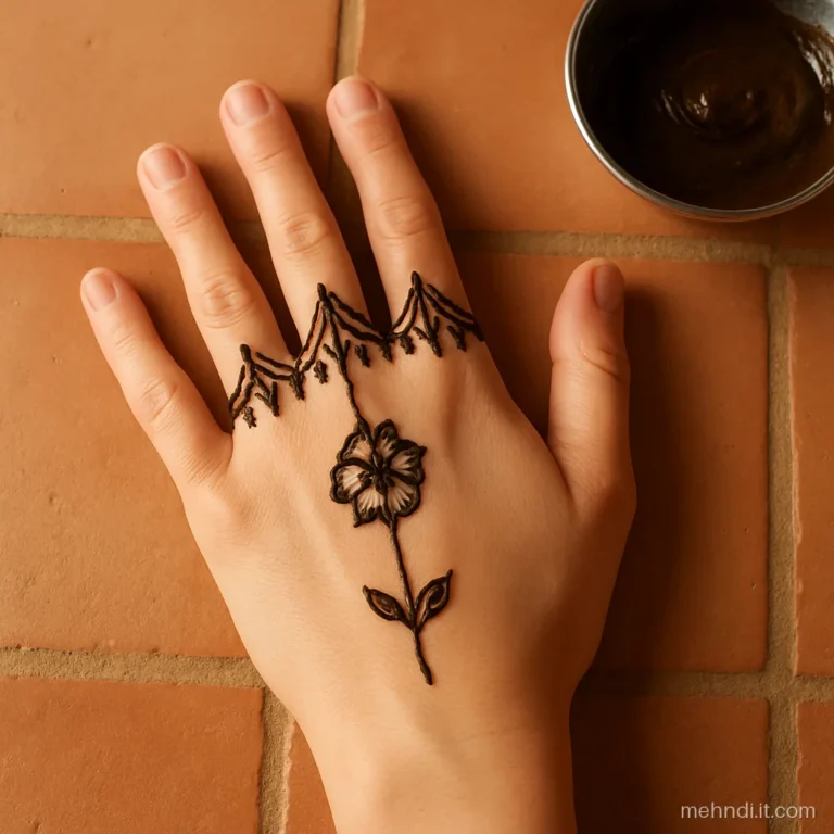 Palm with a mango leaf toran under the fingers and Arabic trail