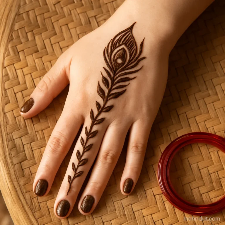 Peacock feather swirl with shaded eye and Arabic leaves on the palm