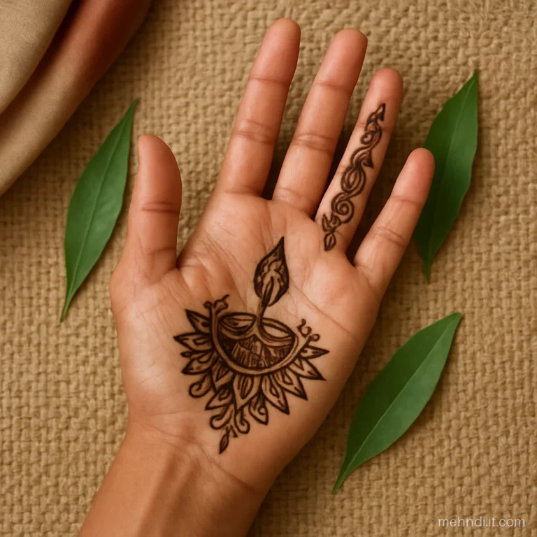 Shagun leaf and diya motif inside an Arabic trail on the palm