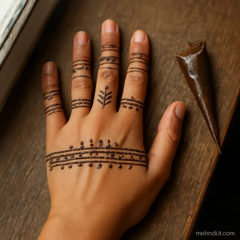 Stacked thin bands on each finger with an Arabic petal trail below
