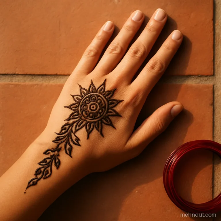 Sun shaped mandala with rays and Arabic petals on an open palm