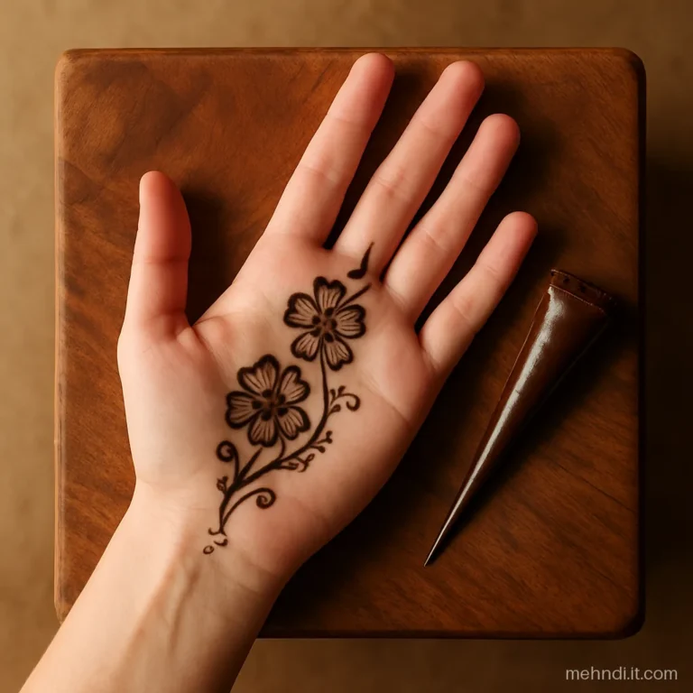 Three open five-petal flowers set in a diagonal bel across the palm