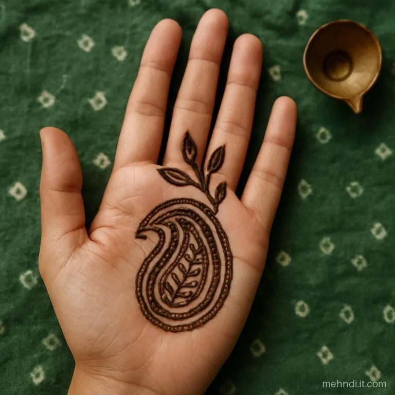 Single large kairi paisley on the thumb side of the palm with leaves
