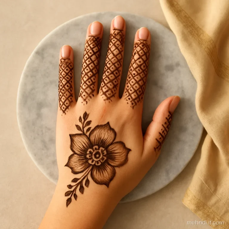Fine jaal on fingers paired with bold Arabic flower on the palm
