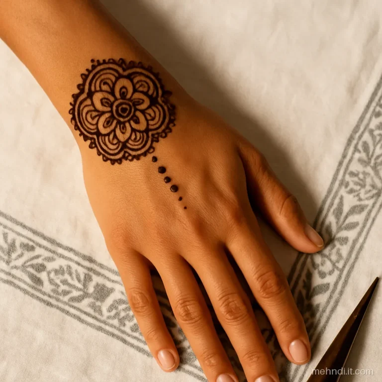 Round mandala on the back of the forearm just above the wrist