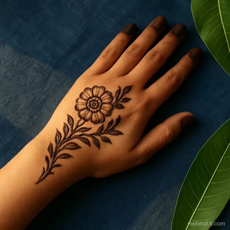 Big flower at the index knuckle with leaves sweeping to the opposite wrist corner