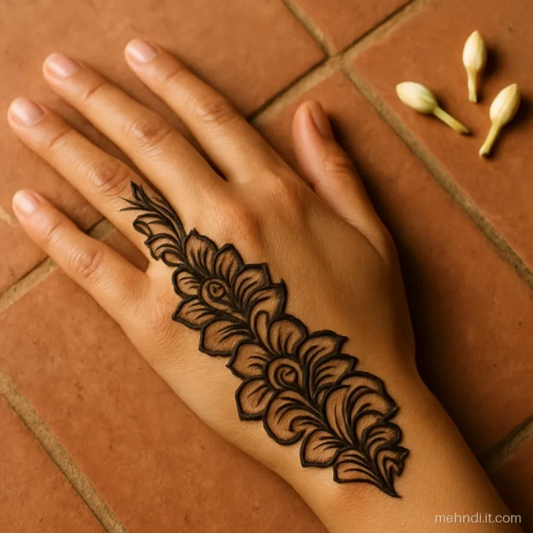 Diagonal sweep of shaded Arabic petals from little finger to wrist