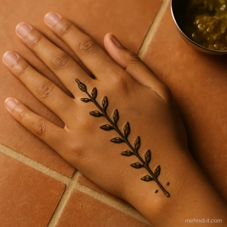 Ladder of paired leaves along the side of the hand with a centre stem